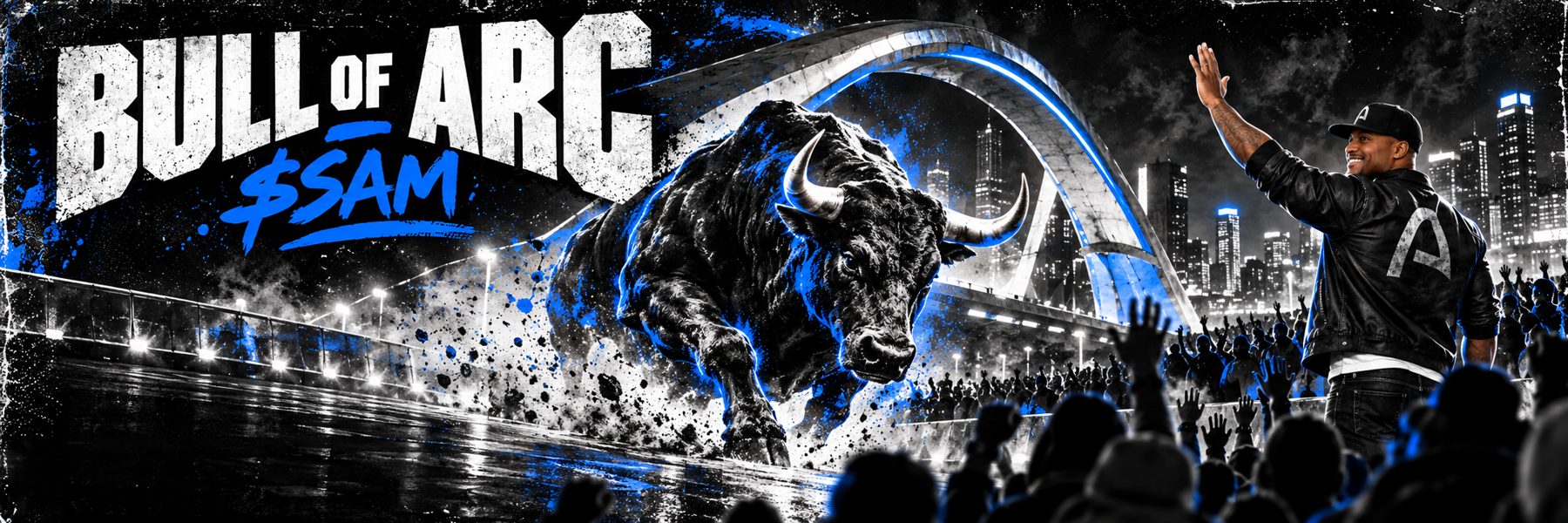 The Bull of Arc charging across a lit arch bridge at night while Sam Conner waves to a crowd. Title: Bull of Arc, $SAM.