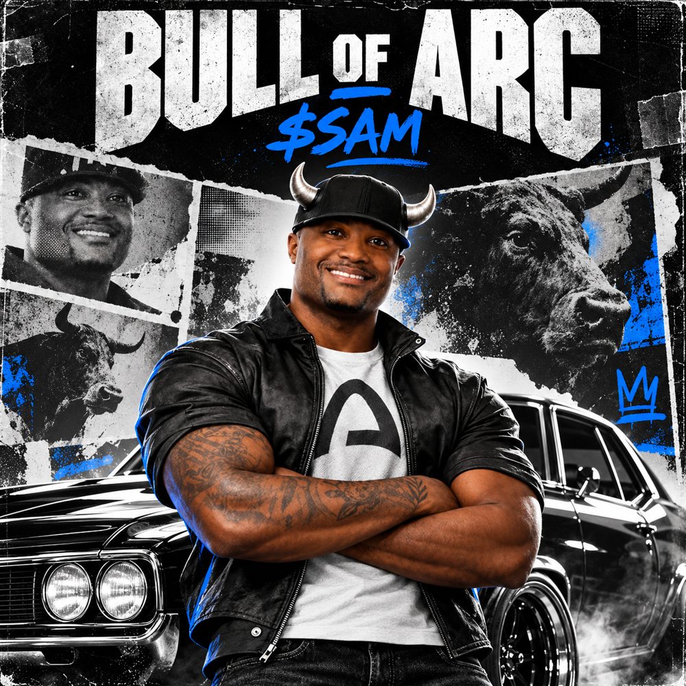 Poster: Sam Conner with bull horns on his cap, arms crossed in front of a black muscle car. Title: Bull of Arc, $SAM.