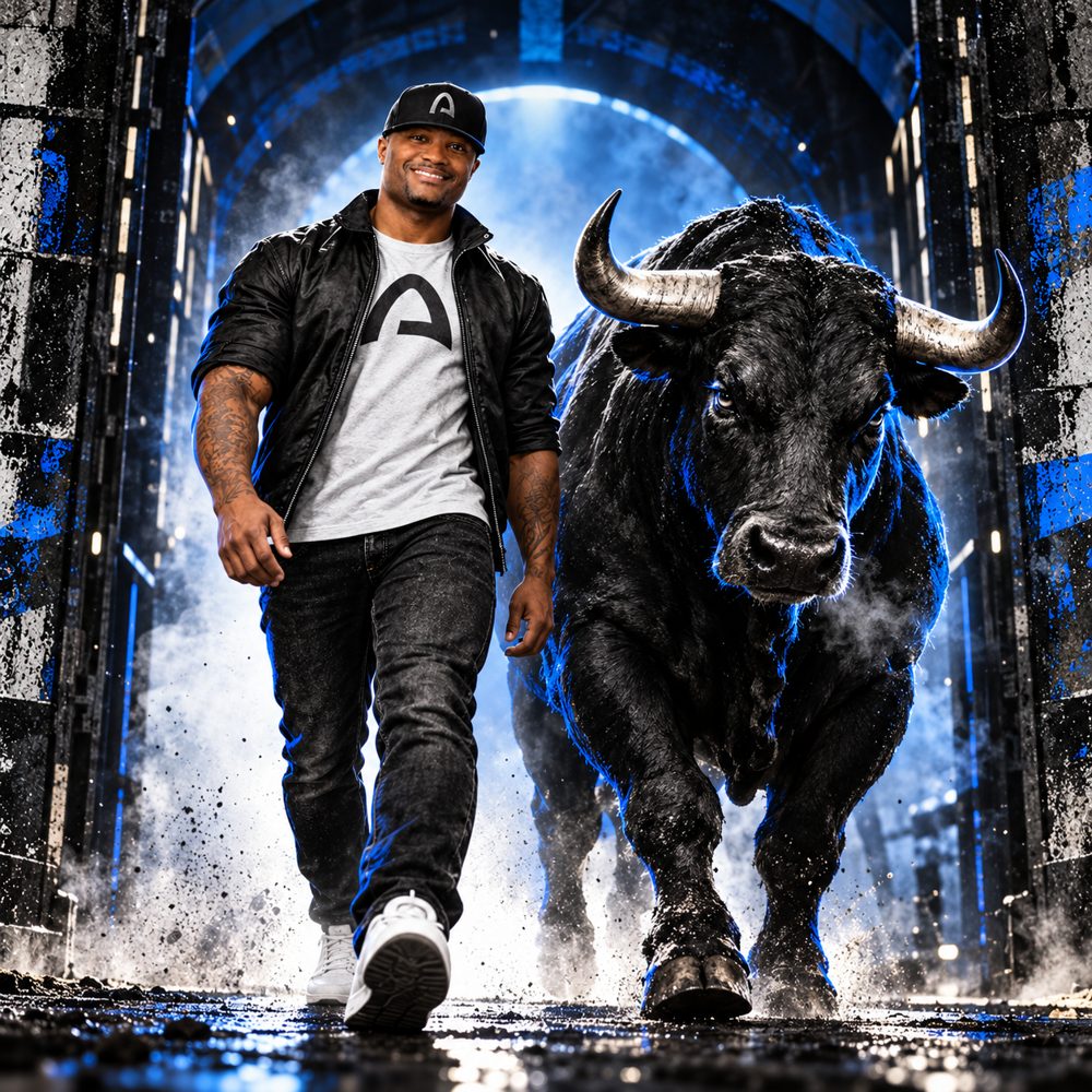 Sam Conner walking out of a tunnel beside a charging black bull, lit in electric blue.